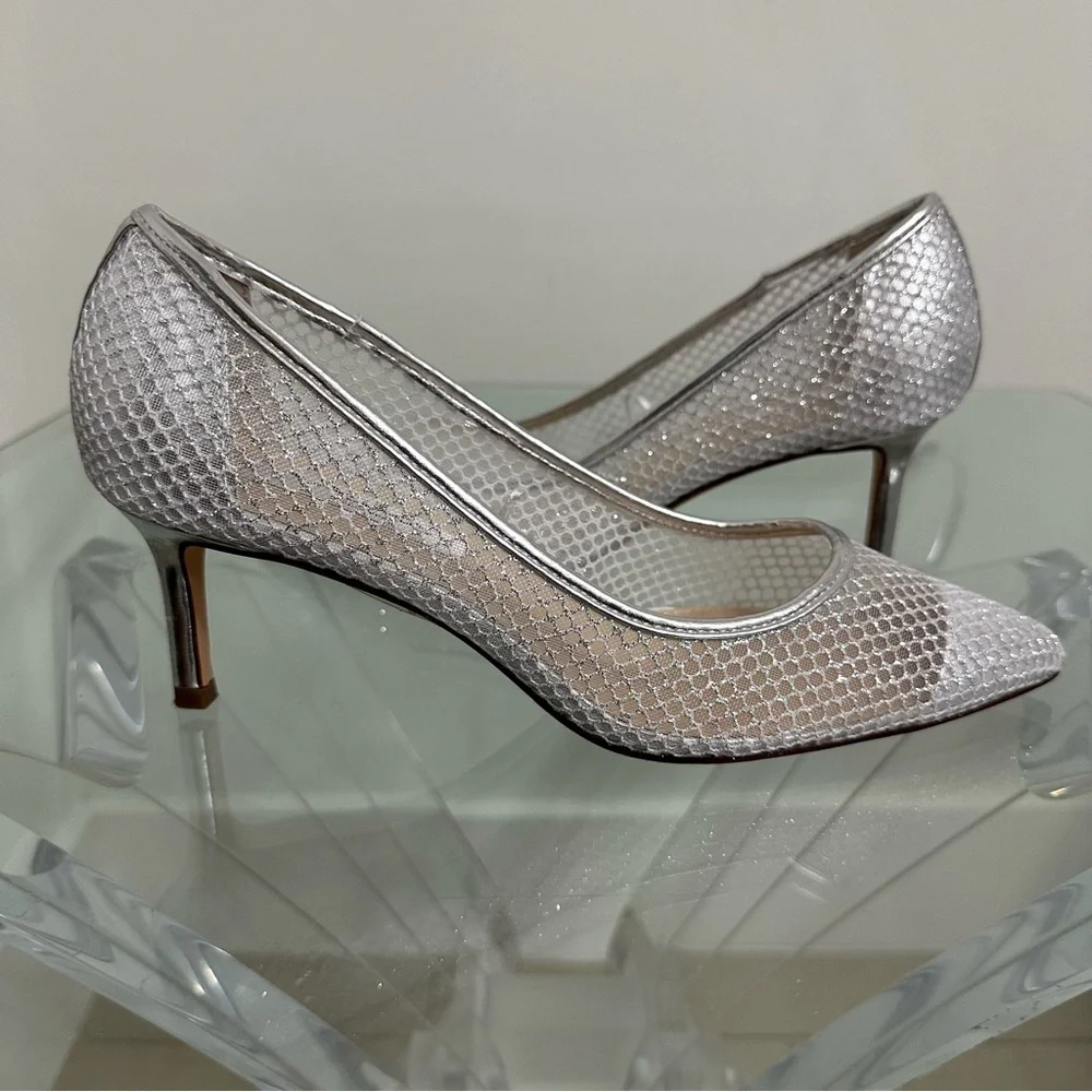 Nina New York Womens Silver Mesh Niley Kitten Heel Pumps SZ 8 Floor Sample NEW